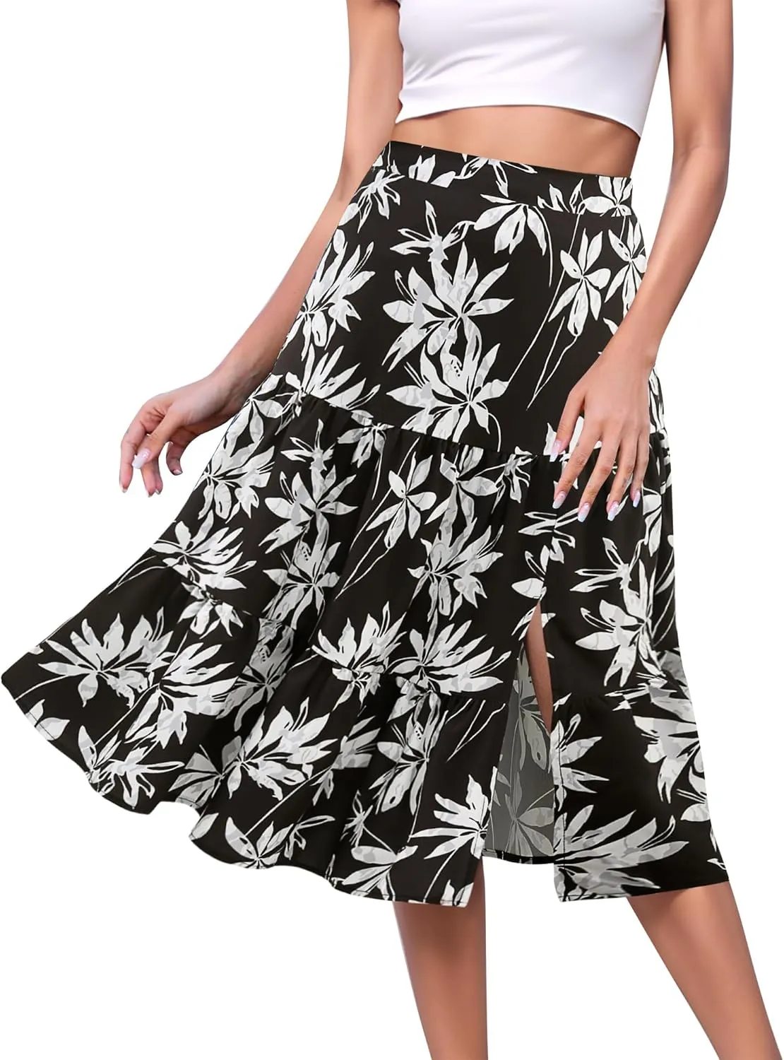 Boho Long Skirts for Women Flowy Summer Elastic Waist Skirt with Slit Midi Length Casual Skirt for Beach