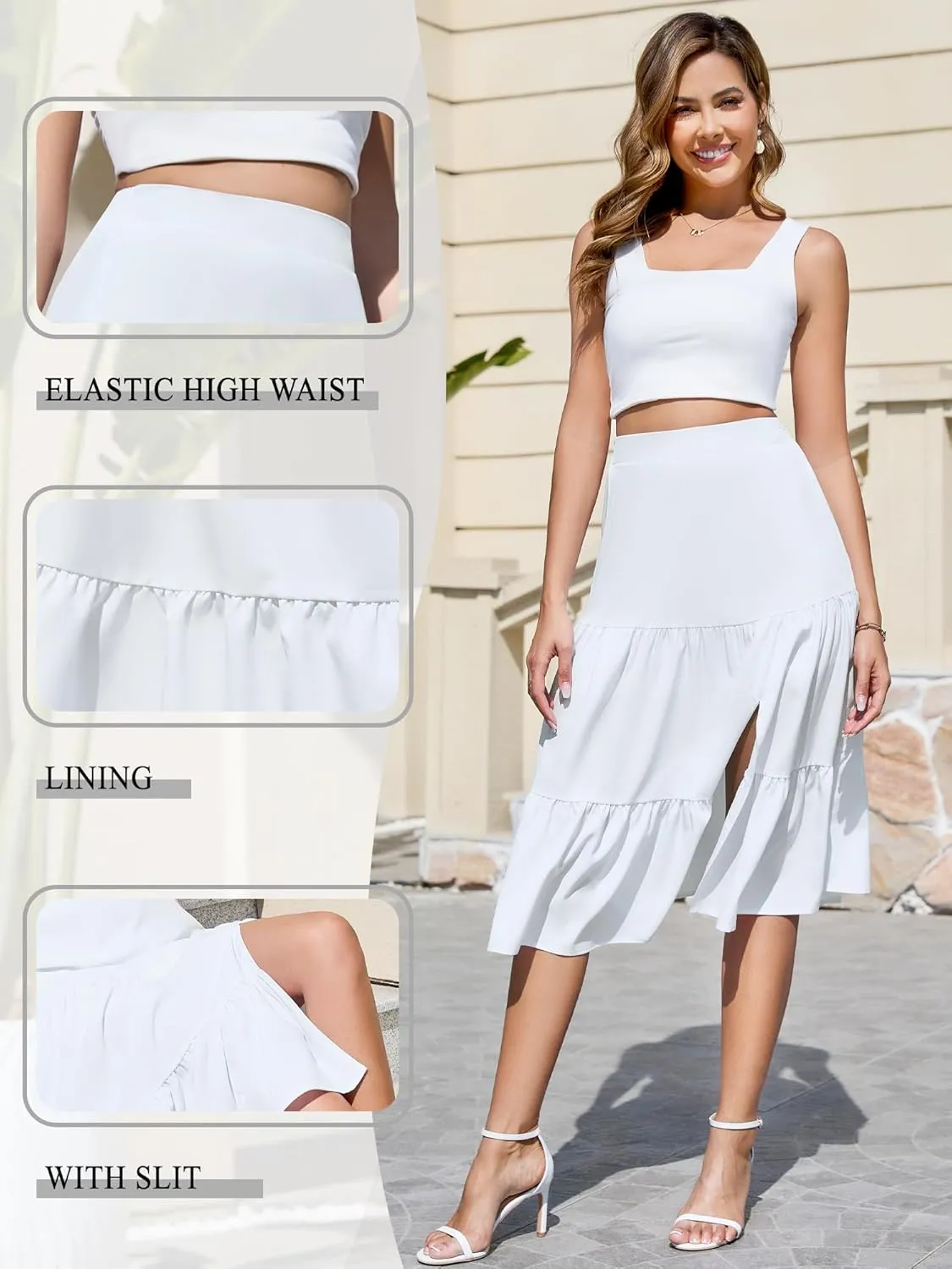 Boho Long Skirts for Women Flowy Summer Elastic Waist Skirt with Slit Midi Length Casual Skirt for Beach