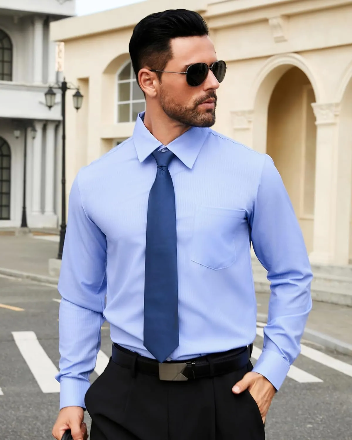 BOJIN Men's Dress Wrinkle-Free Stretch Long Sleeve Wedding Dating Business Casual Button Down Shirts with Pocket
