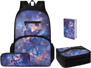 Butterfly Kids Backpack for Girl 8-10 Galaxy Print School Backpack Multi-functional Casual Travel Daypack Thermal Lunch Box Small Pen Case and Book Cover 4 Pcs