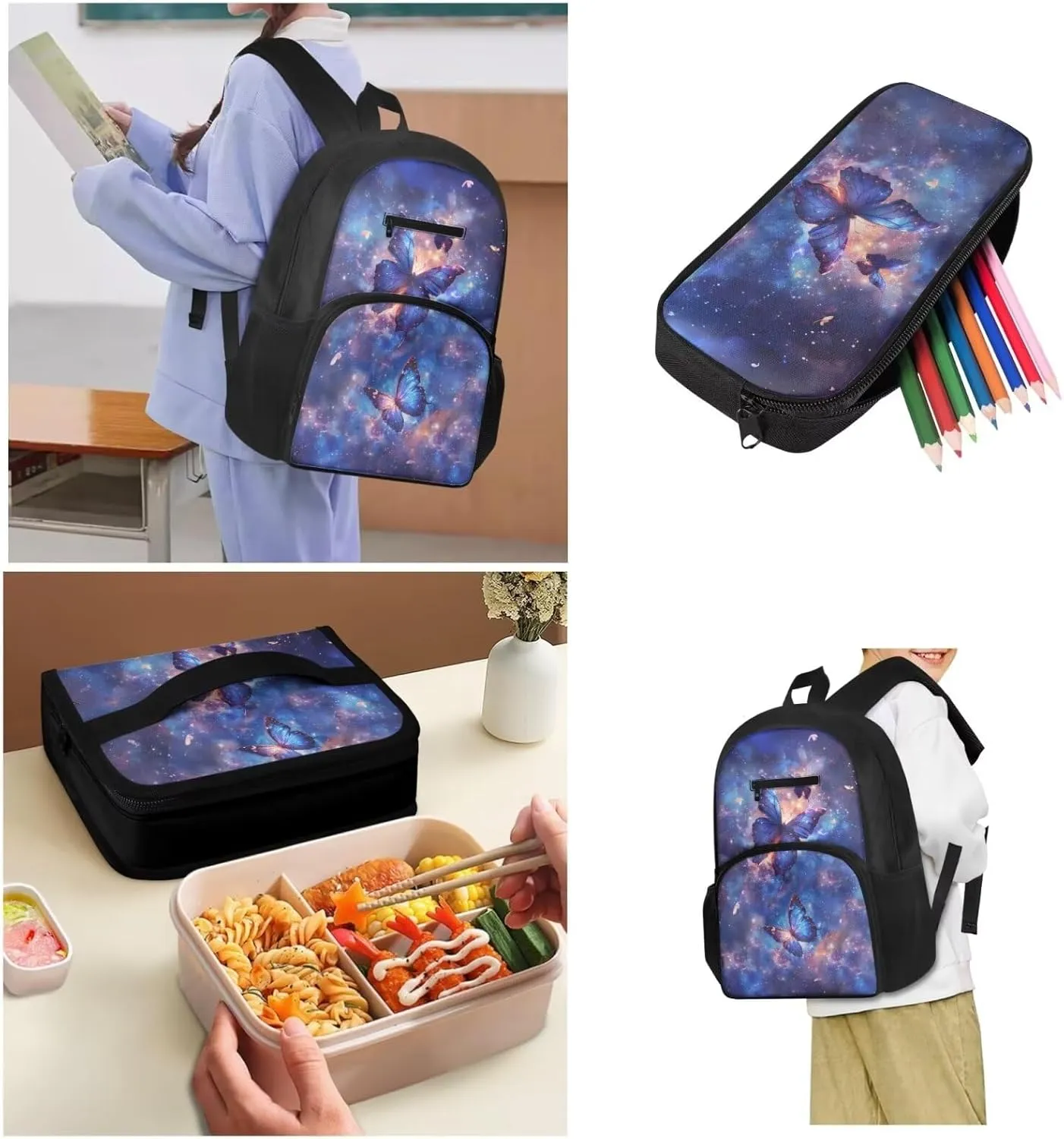 Butterfly Kids Backpack for Girl 8-10 Galaxy Print School Backpack Multi-functional Casual Travel Daypack Thermal Lunch Box Small Pen Case and Book Cover 4 Pcs