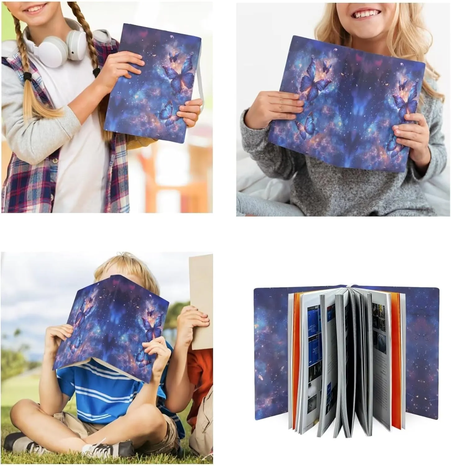 Butterfly Kids Backpack for Girl 8-10 Galaxy Print School Backpack Multi-functional Casual Travel Daypack Thermal Lunch Box Small Pen Case and Book Cover 4 Pcs