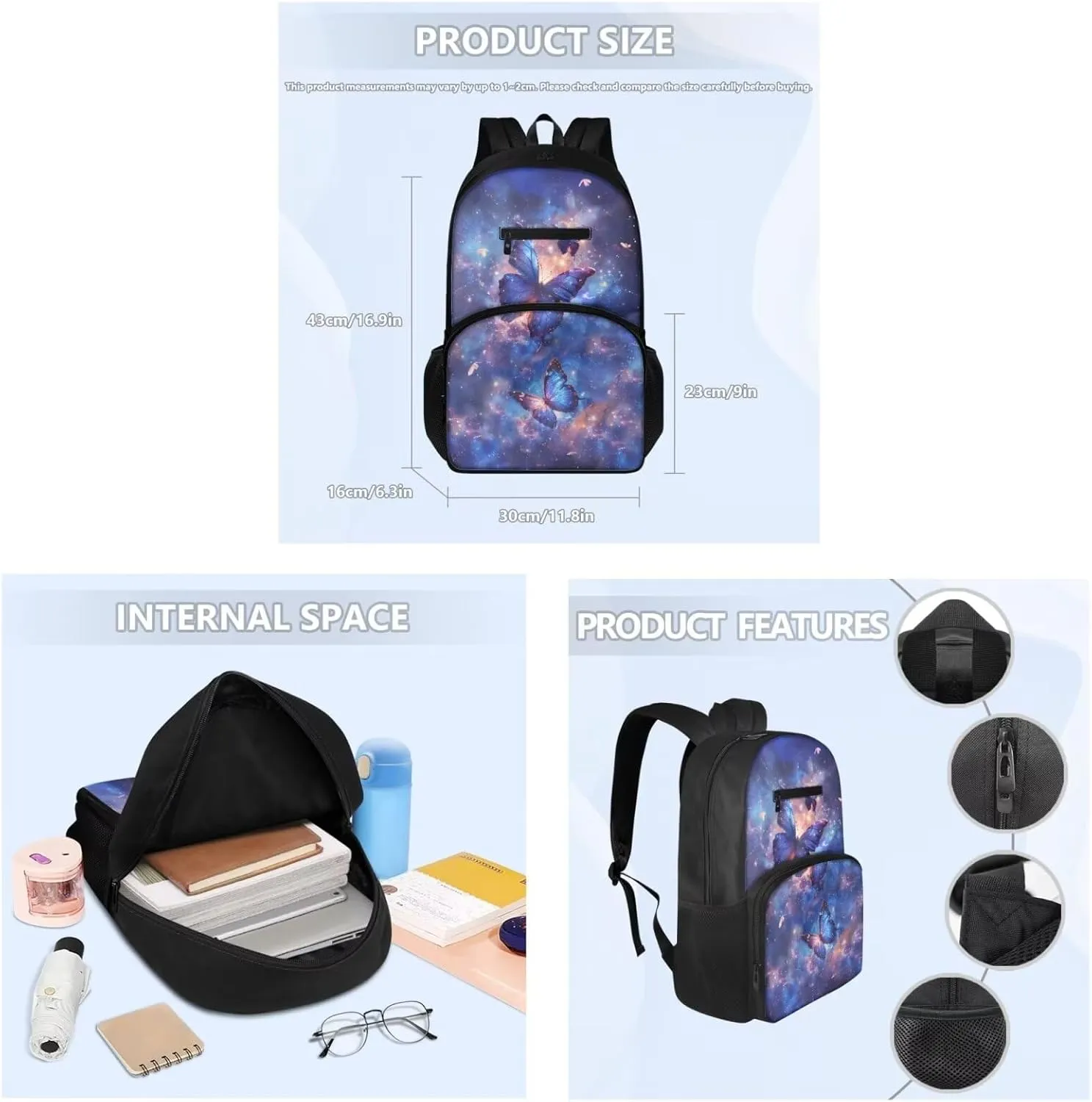 Butterfly Kids Backpack for Girl 8-10 Galaxy Print School Backpack Multi-functional Casual Travel Daypack Thermal Lunch Box Small Pen Case and Book Cover 4 Pcs