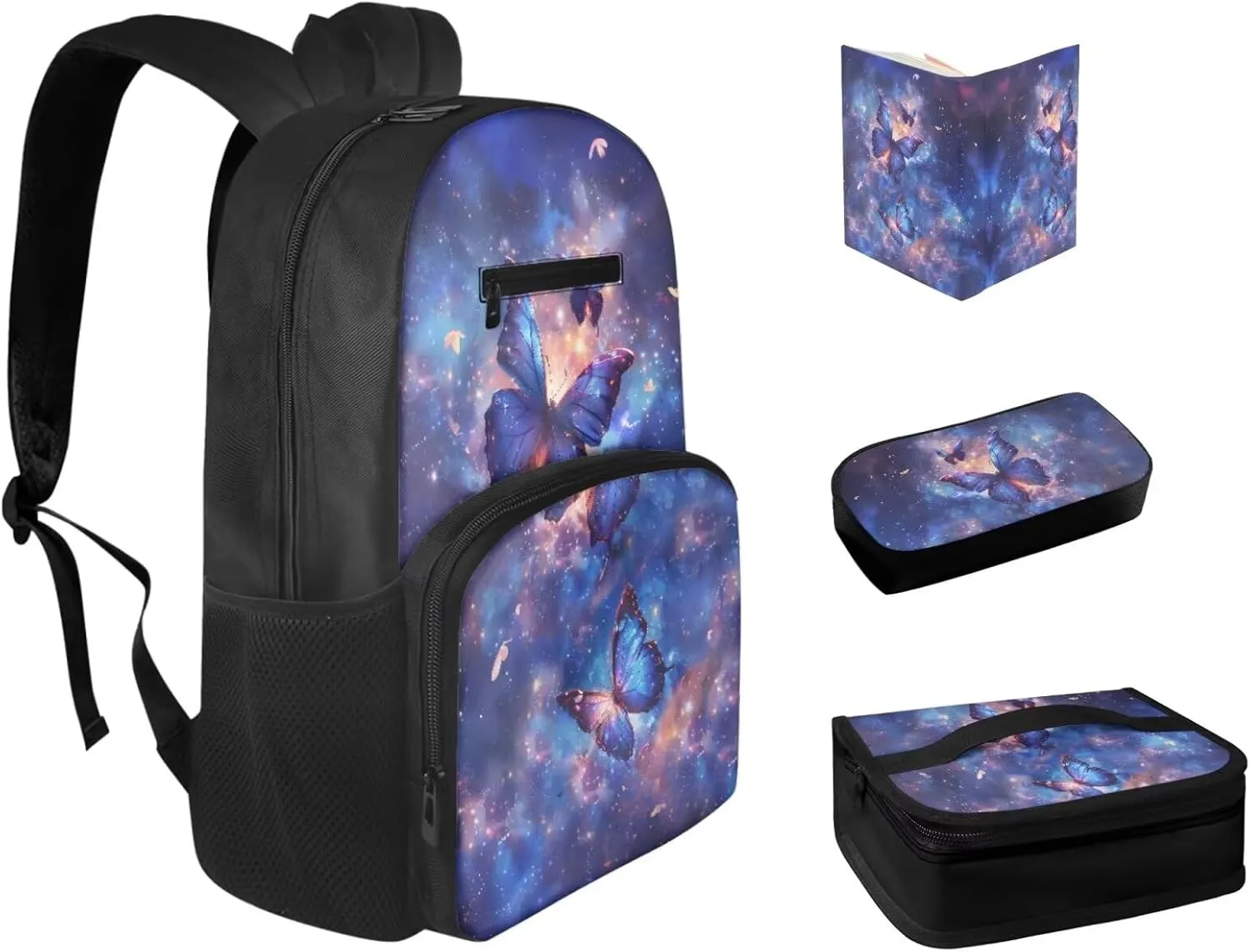 Butterfly Kids Backpack for Girl 8-10 Galaxy Print School Backpack Multi-functional Casual Travel Daypack Thermal Lunch Box Small Pen Case and Book Cover 4 Pcs