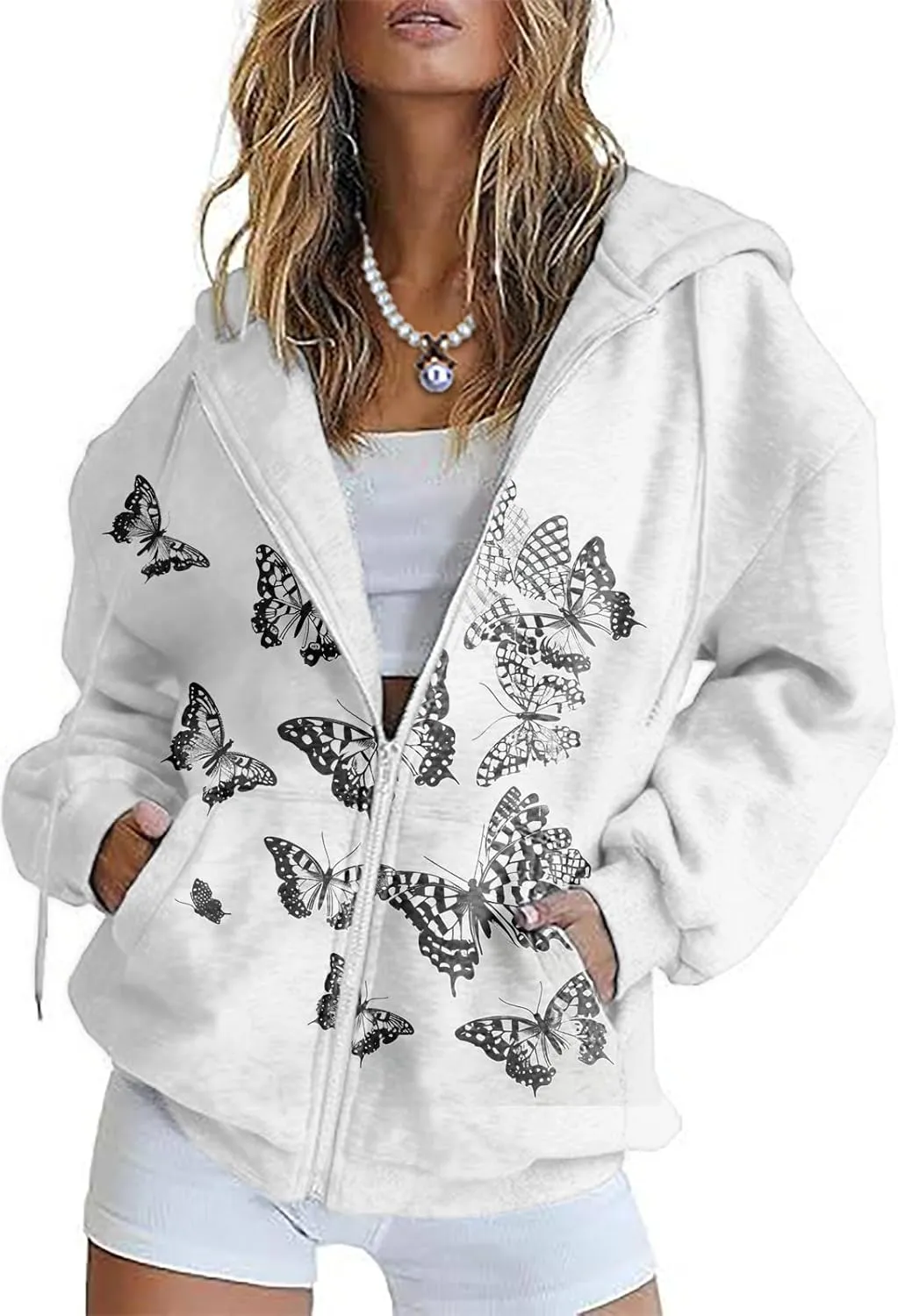 Butterfly Zip up Hoodie Women Oversized Trendy Graphic Zipper Hooded Sweatshirt Casual Fall Y2k Long Sleeve Drawstring Coats