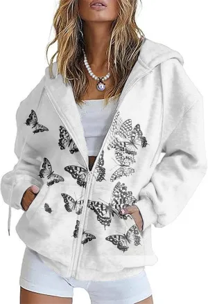 Butterfly Zip up Hoodie Women Oversized Trendy Graphic Zipper Hooded Sweatshirt Casual Fall Y2k Long Sleeve Drawstring Coats