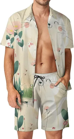Cat Holding Flowers Mens Swimsuit 2 Pieces Set Quick Dry Shorts Shirts Summer Button Down Short Sleeve Set