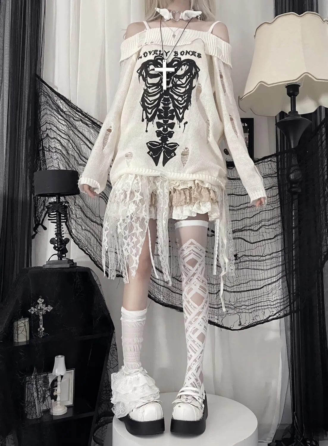 CEINOM Y2k Harajuku Gothic Knitted Pullover Sweater Women Japanese Fashion Sexy Skull Off The Shoulder Punk Loose Sweater