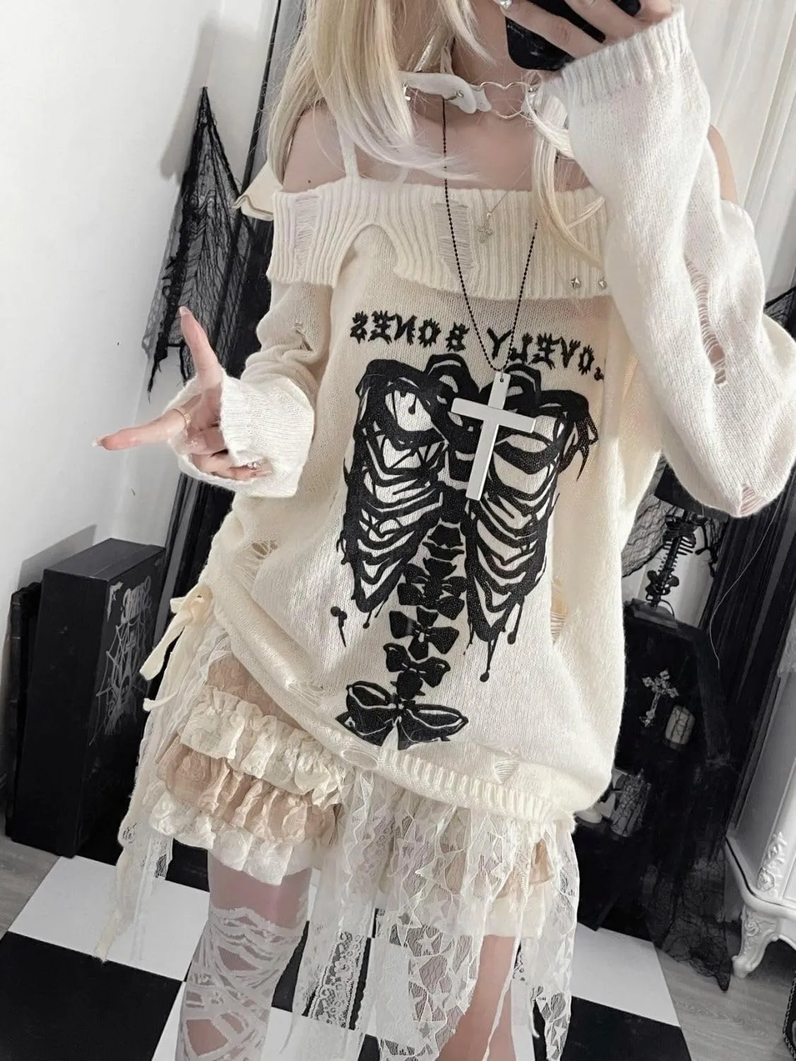 CEINOM Y2k Harajuku Gothic Knitted Pullover Sweater Women Japanese Fashion Sexy Skull Off The Shoulder Punk Loose Sweater