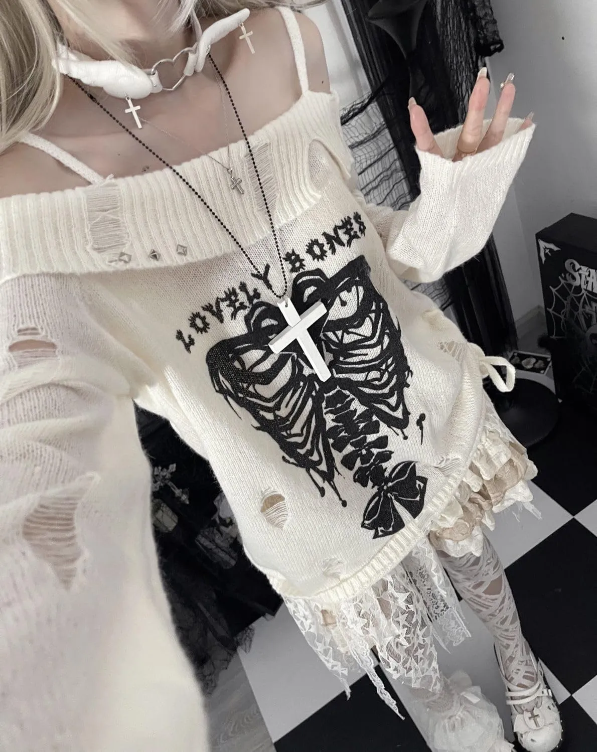 CEINOM Y2k Harajuku Gothic Knitted Pullover Sweater Women Japanese Fashion Sexy Skull Off The Shoulder Punk Loose Sweater