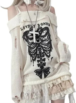 CEINOM Y2k Harajuku Gothic Knitted Pullover Sweater Women Japanese Fashion Sexy Skull Off The Shoulder Punk Loose Sweater