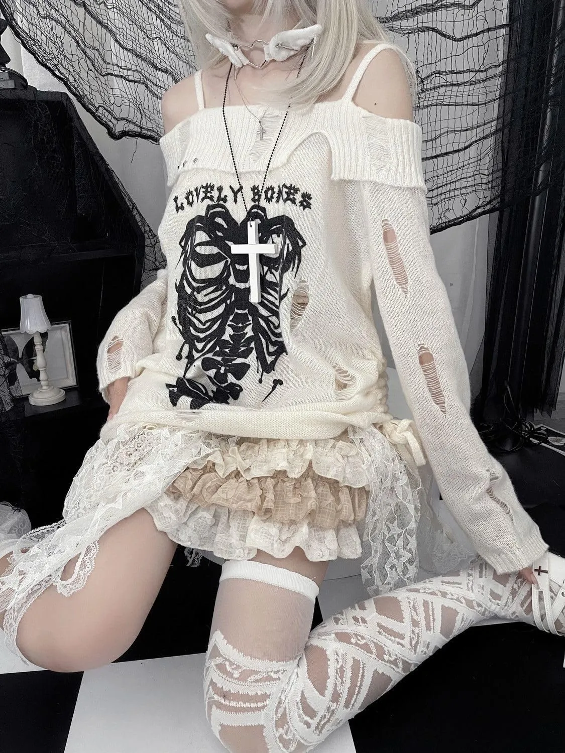 CEINOM Y2k Harajuku Gothic Knitted Pullover Sweater Women Japanese Fashion Sexy Skull Off The Shoulder Punk Loose Sweater
