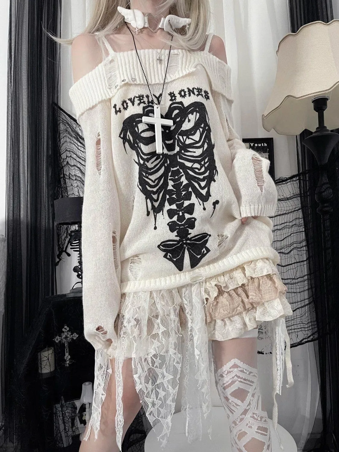 CEINOM Y2k Harajuku Gothic Knitted Pullover Sweater Women Japanese Fashion Sexy Skull Off The Shoulder Punk Loose Sweater