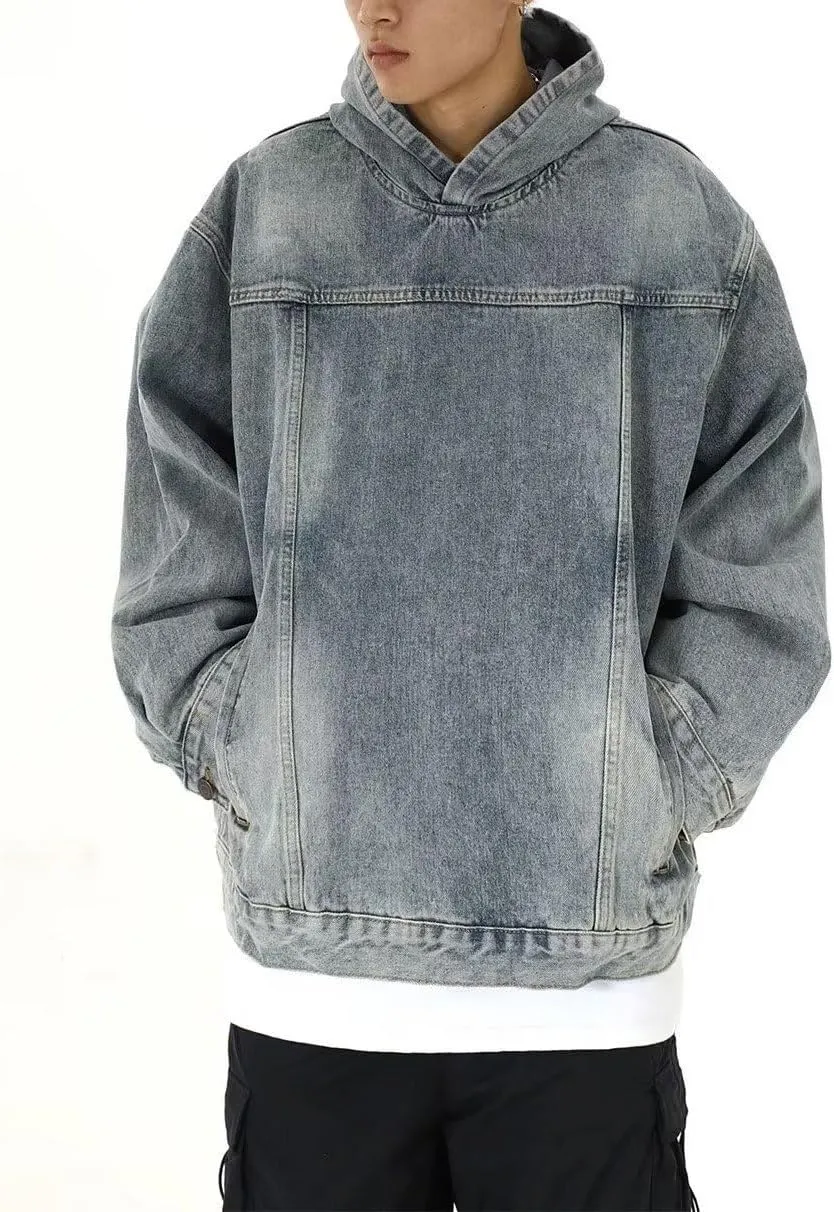 chouyatou Men's Casual Pullover Denim Jacket Vintage Distressed Jean Hoodie Jacket Oversized Sweatshirt Tops