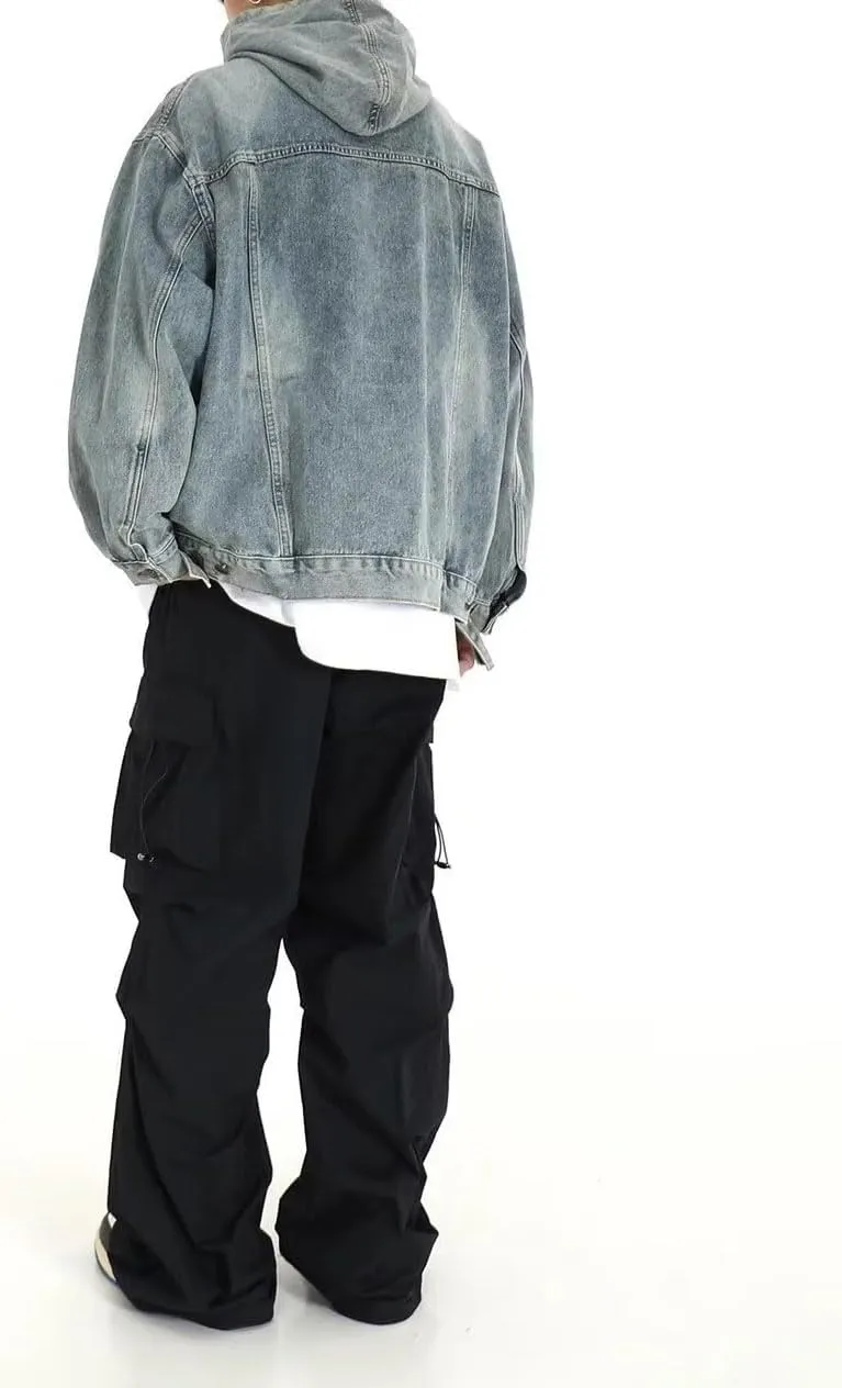 chouyatou Men's Casual Pullover Denim Jacket Vintage Distressed Jean Hoodie Jacket Oversized Sweatshirt Tops