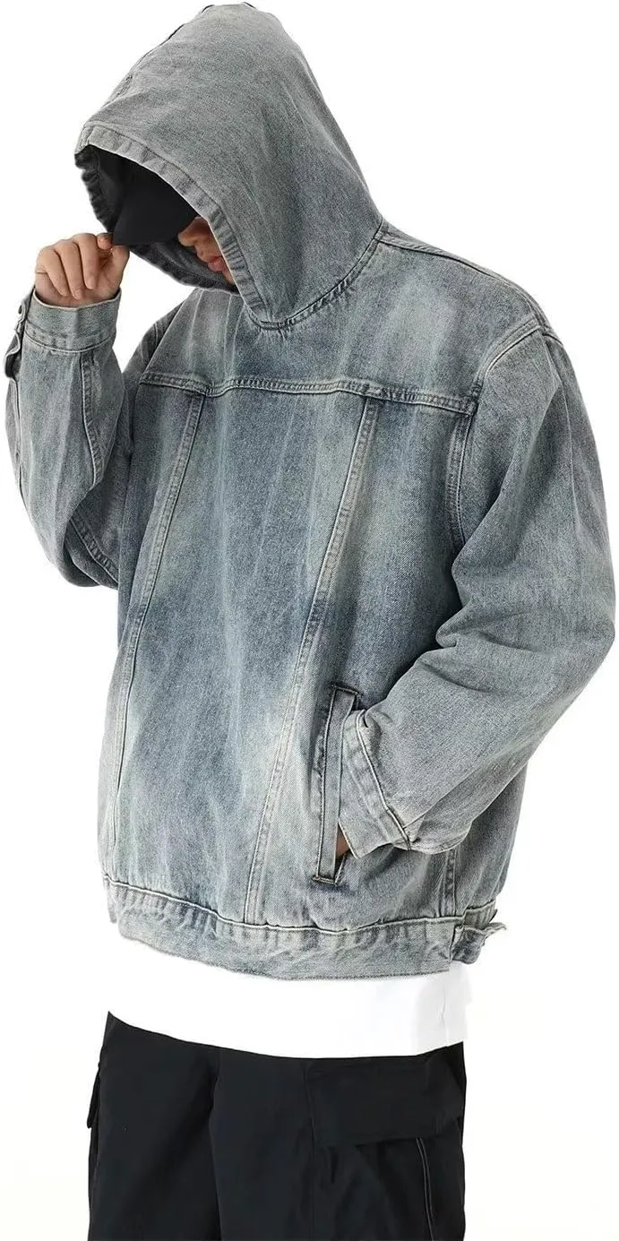 chouyatou Men's Casual Pullover Denim Jacket Vintage Distressed Jean Hoodie Jacket Oversized Sweatshirt Tops