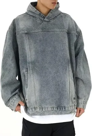 chouyatou Men's Casual Pullover Denim Jacket Vintage Distressed Jean Hoodie Jacket Oversized Sweatshirt Tops