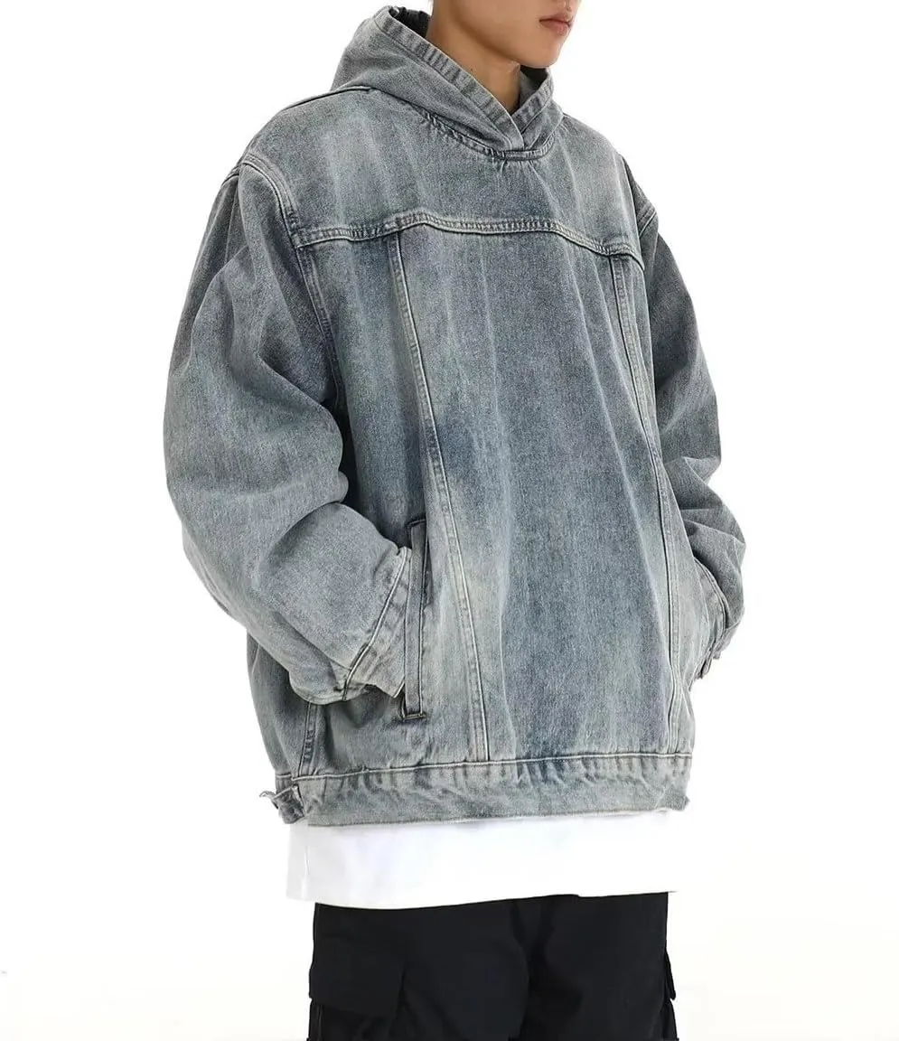 chouyatou Men's Casual Pullover Denim Jacket Vintage Distressed Jean Hoodie Jacket Oversized Sweatshirt Tops