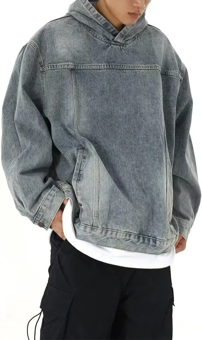 chouyatou Men's Casual Pullover Denim Jacket Vintage Distressed Jean Hoodie Jacket Oversized Sweatshirt Tops