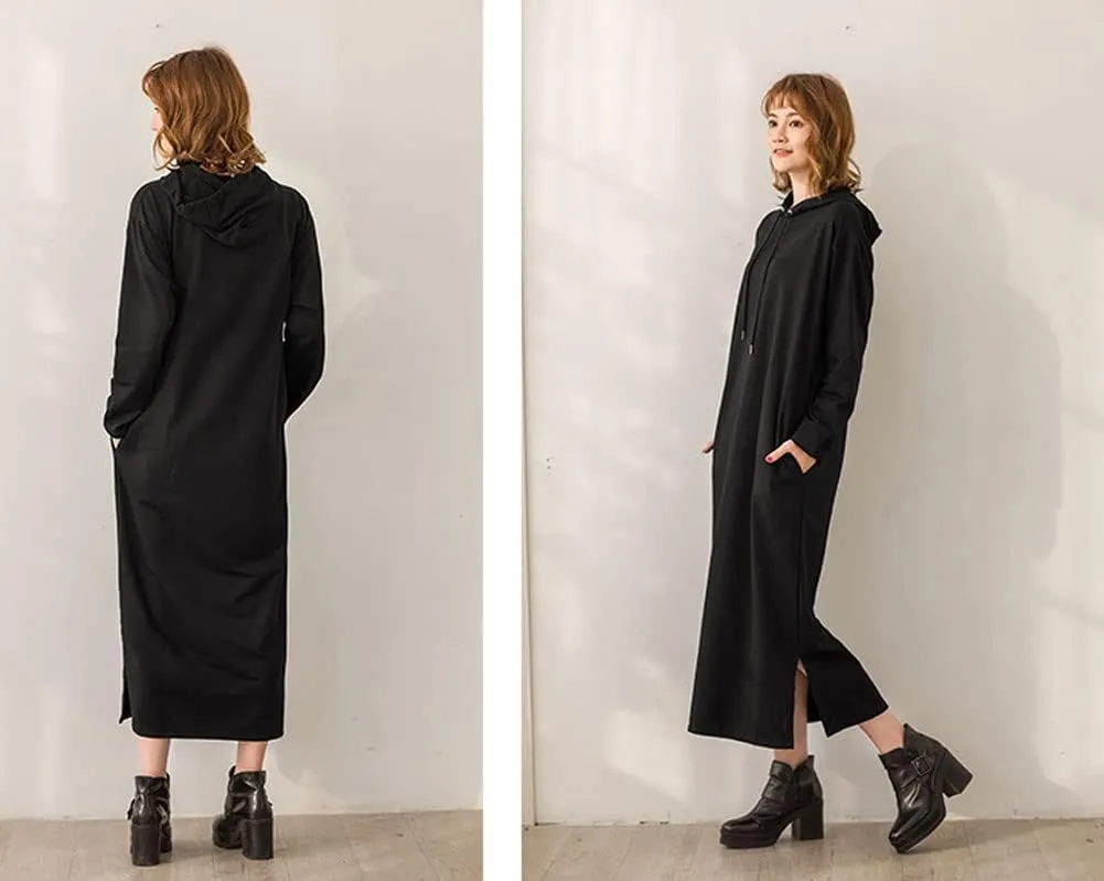 chouyatou Women's Basic Solid Long Sleeve Sweatshirt Hoodie Maxi Dress With Pockets