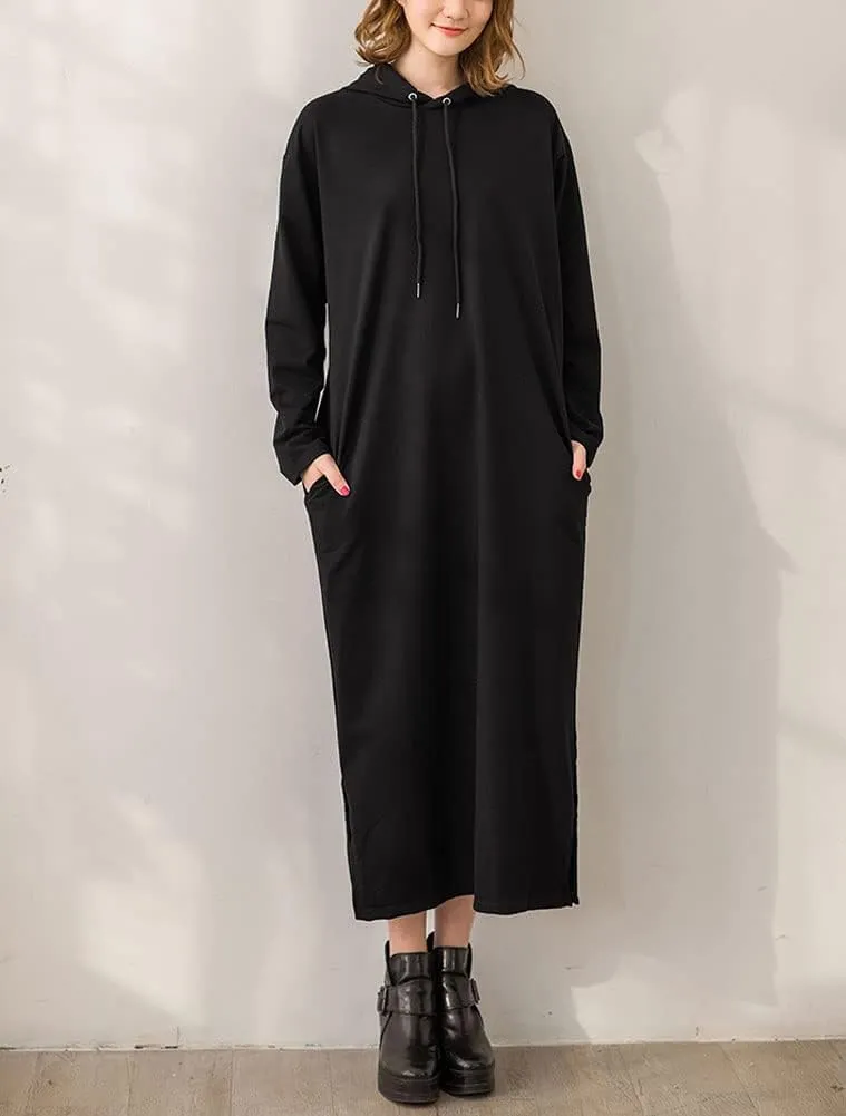 chouyatou Women's Basic Solid Long Sleeve Sweatshirt Hoodie Maxi Dress With Pockets