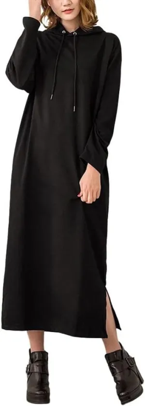 chouyatou Women's Basic Solid Long Sleeve Sweatshirt Hoodie Maxi Dress With Pockets