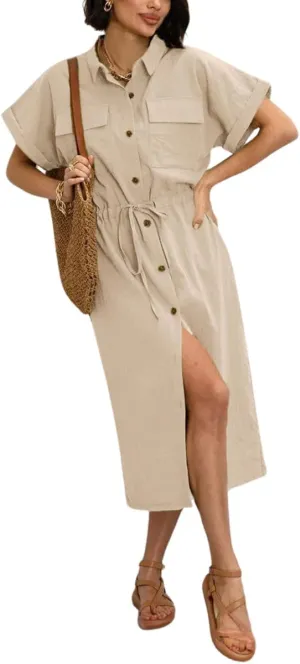 chouyatou Women's Summer Button Down Shirt Dress High Elastic Waist Boho Beach Midi Long Tunic Dress