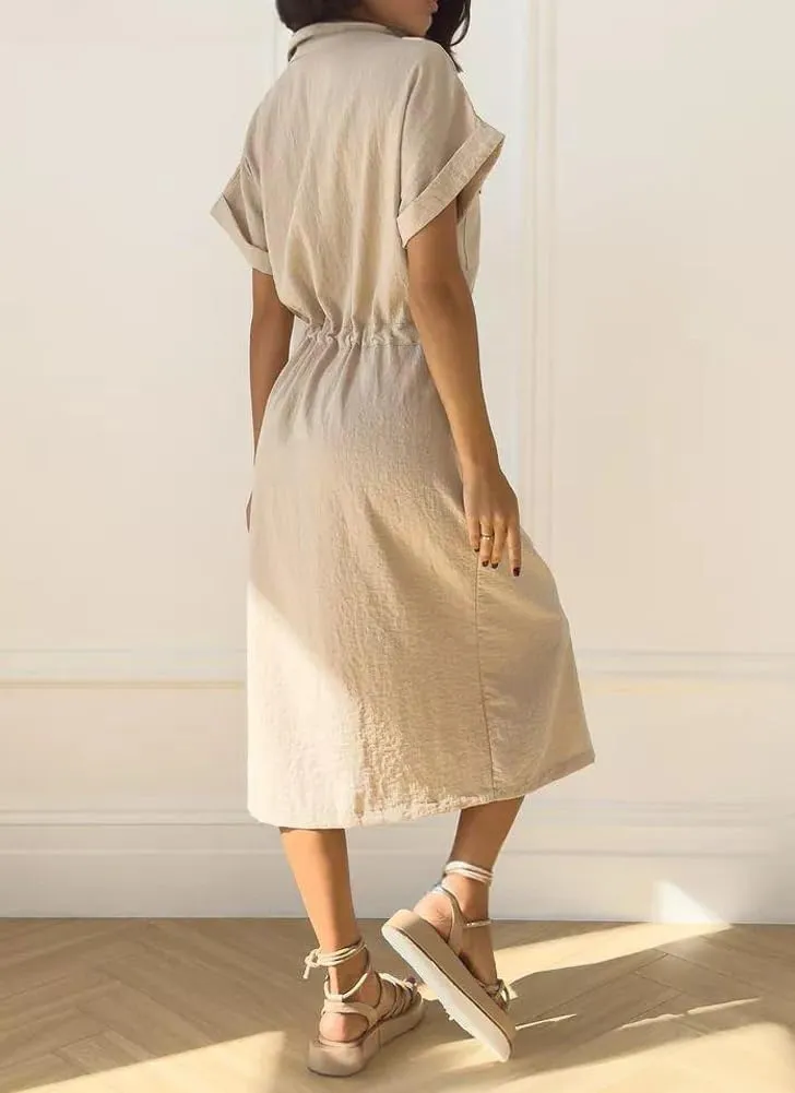 chouyatou Women's Summer Button Down Shirt Dress High Elastic Waist Boho Beach Midi Long Tunic Dress