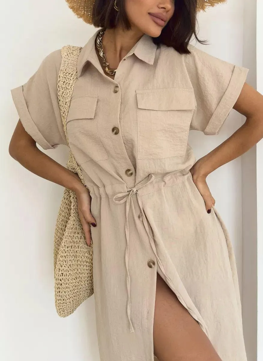 chouyatou Women's Summer Button Down Shirt Dress High Elastic Waist Boho Beach Midi Long Tunic Dress