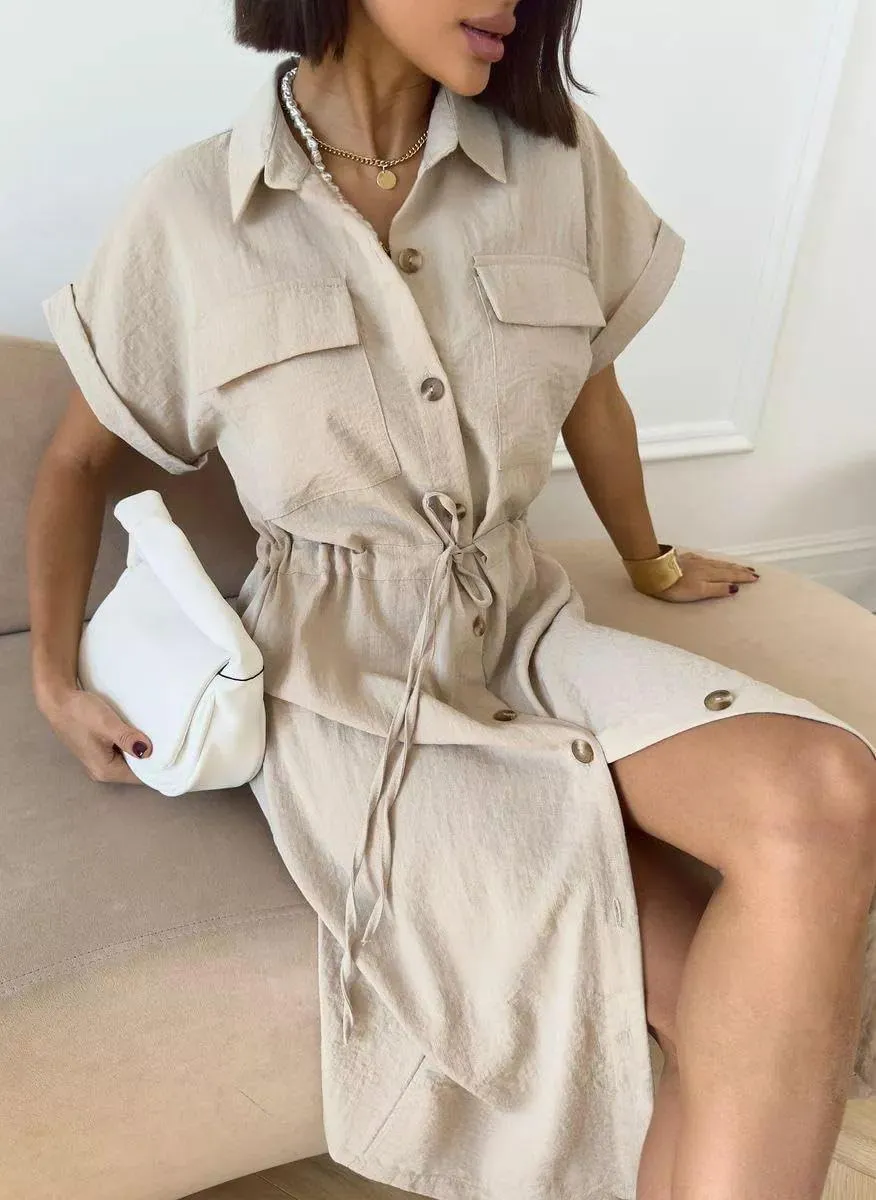 chouyatou Women's Summer Button Down Shirt Dress High Elastic Waist Boho Beach Midi Long Tunic Dress