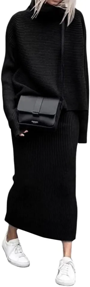 chouyatou Women's Turtleneck 2 Piece Outfits Ribbed Knit Sweater Midi Pencil Skirt Set