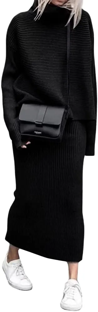 chouyatou Women's Turtleneck 2 Piece Outfits Ribbed Knit Sweater Midi Pencil Skirt Set