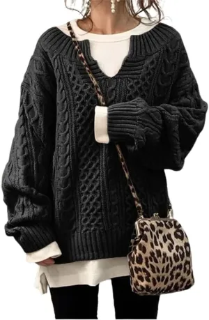 chouyatou Women's Winter Chunky V Neck Long Sleeve Loose Cable Knit Sweater Pullover