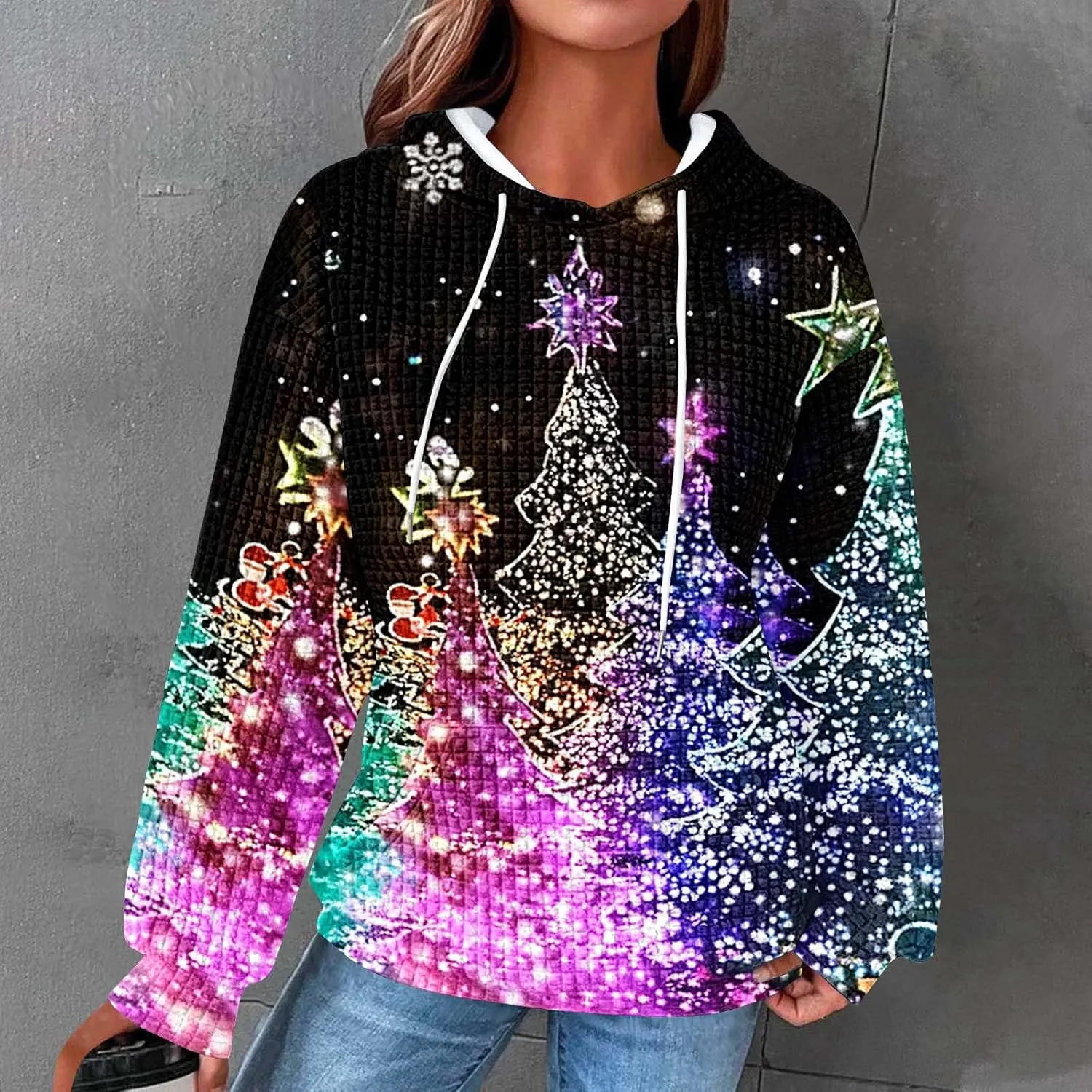 Christmas Hoodies for Women Glitter Xmas Tree Graphic Long Sleeve Sweatshirts Oversized Casual Funny Holiday Pullover