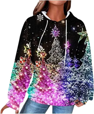 Christmas Hoodies for Women Glitter Xmas Tree Graphic Long Sleeve Sweatshirts Oversized Casual Funny Holiday Pullover