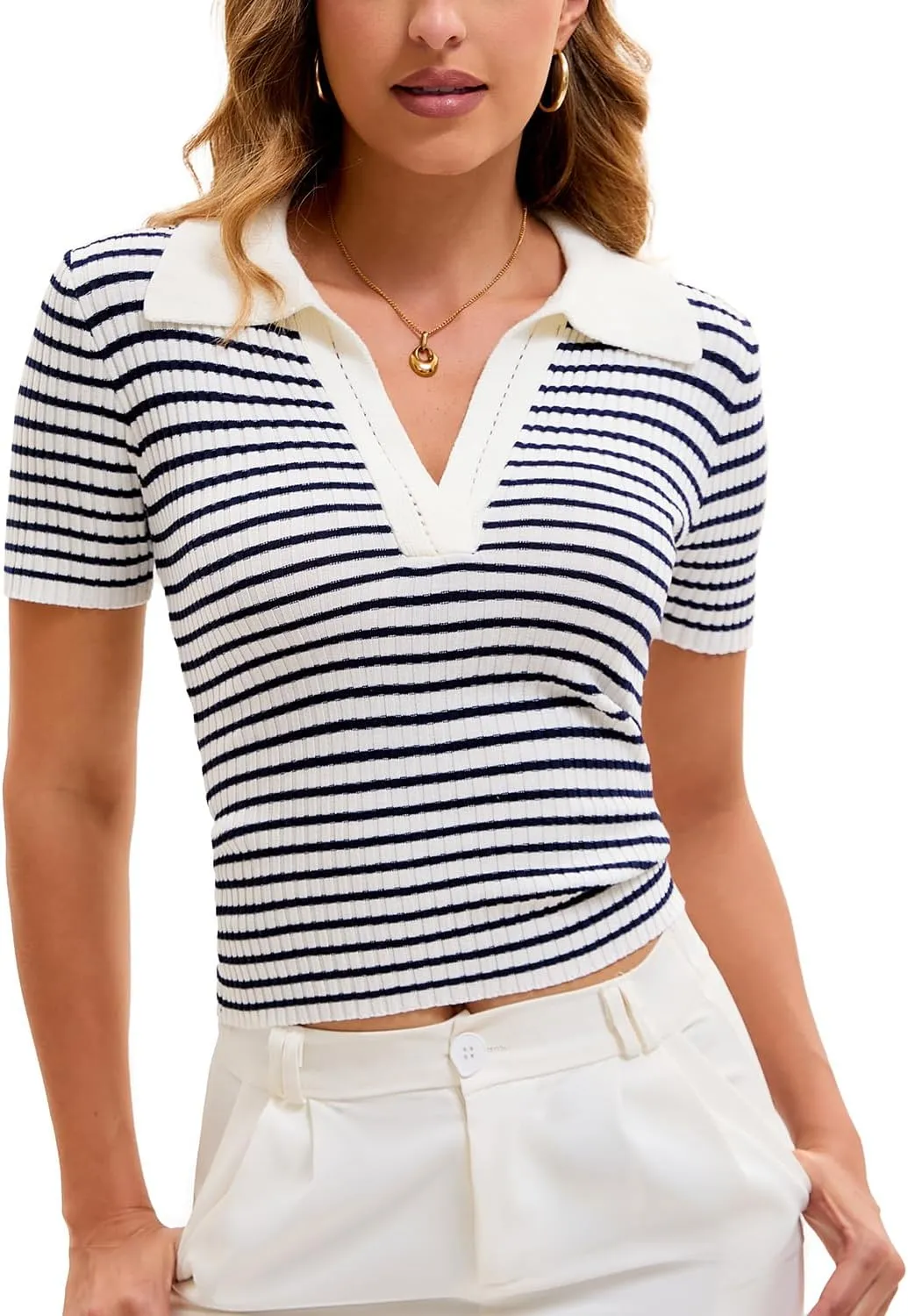 Cioatin Women Short Sleeve Striped Knit Polo Crop Shirt Tops Vintage Collar V Neck Slim Fit T-Shirt Aesthetic Going Out