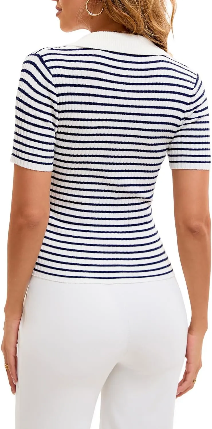 Cioatin Women Short Sleeve Striped Knit Polo Crop Shirt Tops Vintage Collar V Neck Slim Fit T-Shirt Aesthetic Going Out
