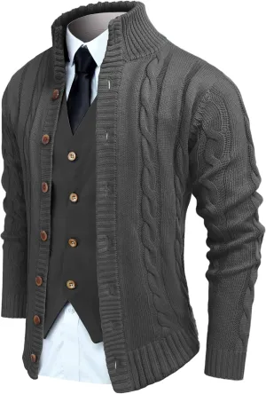 COOFANDY Men's Cardigan Sweater Slim Fit Stand Collar Cardigan Casual Cable Knitted Button Down Sweater with Pockets
