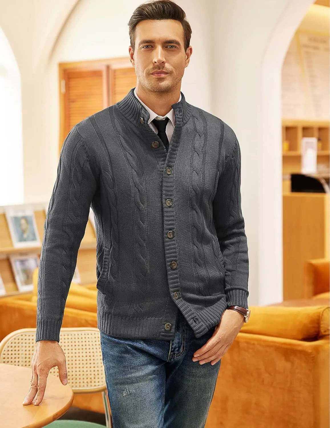 COOFANDY Men's Cardigan Sweater Slim Fit Stand Collar Cardigan Casual Cable Knitted Button Down Sweater with Pockets