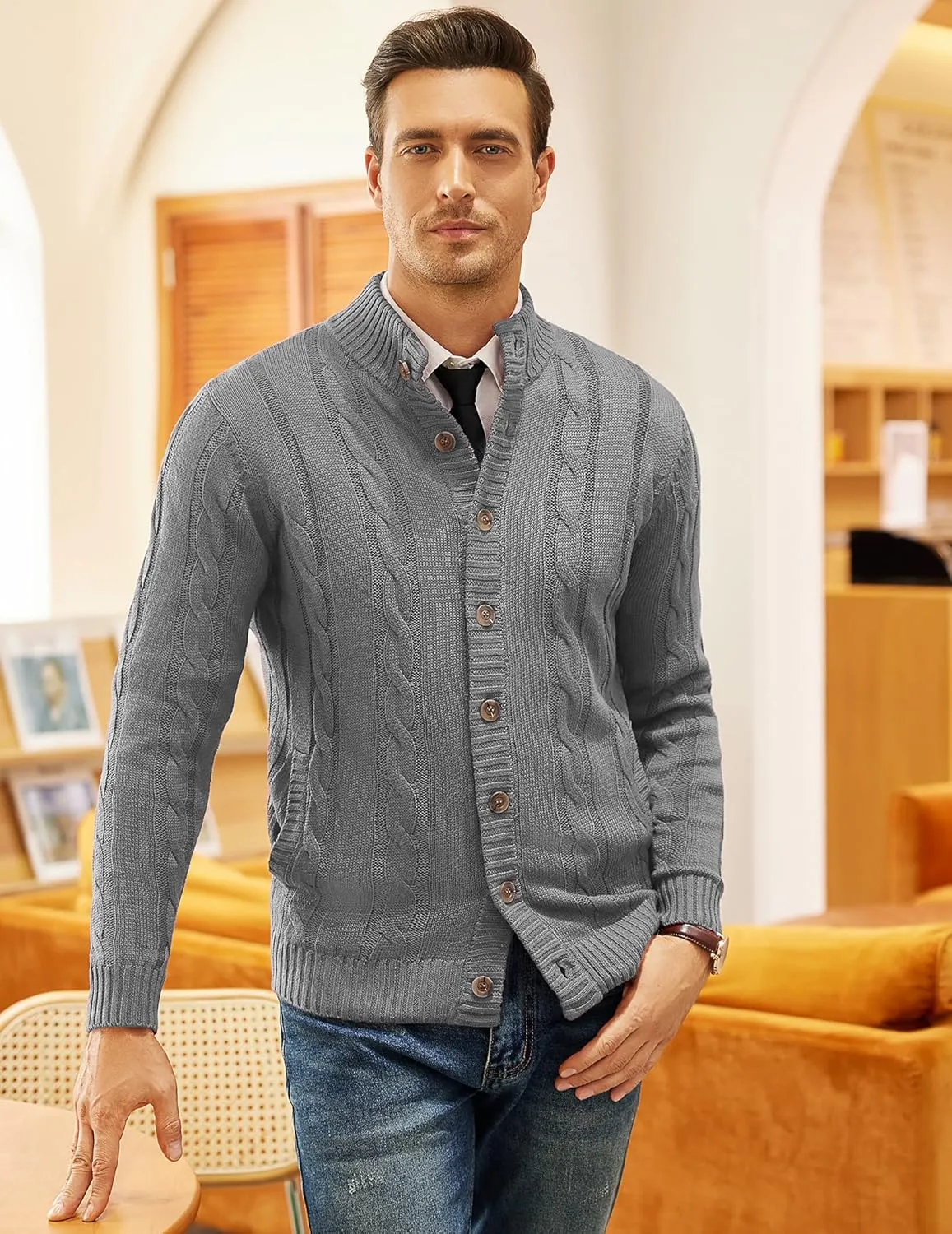 COOFANDY Men's Cardigan Sweater Slim Fit Stand Collar Cardigan Casual Cable Knitted Button Down Sweater with Pockets
