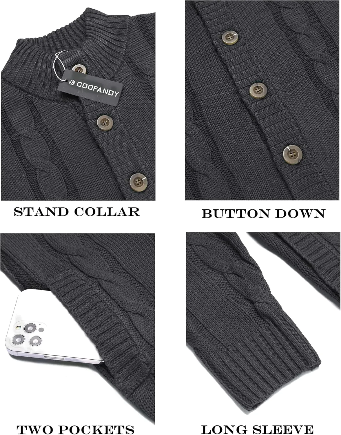 COOFANDY Men's Cardigan Sweater Slim Fit Stand Collar Cardigan Casual Cable Knitted Button Down Sweater with Pockets