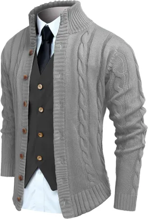 COOFANDY Men's Cardigan Sweater Slim Fit Stand Collar Cardigan Casual Cable Knitted Button Down Sweater with Pockets