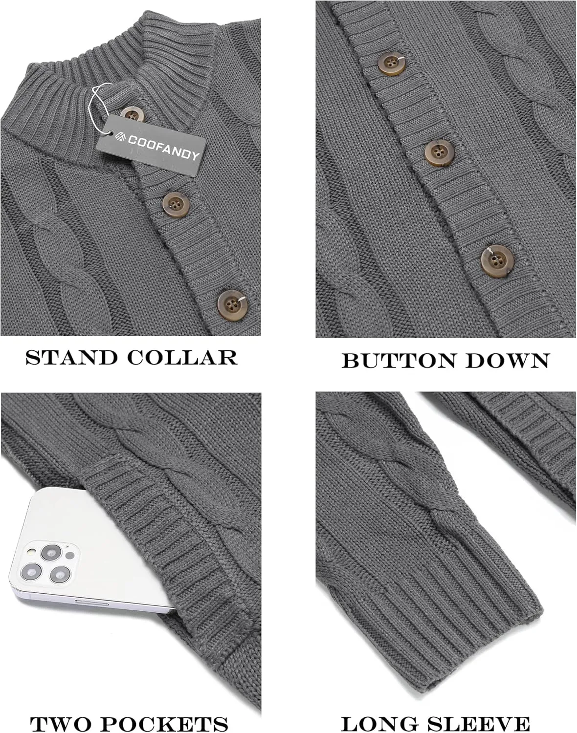 COOFANDY Men's Cardigan Sweater Slim Fit Stand Collar Cardigan Casual Cable Knitted Button Down Sweater with Pockets