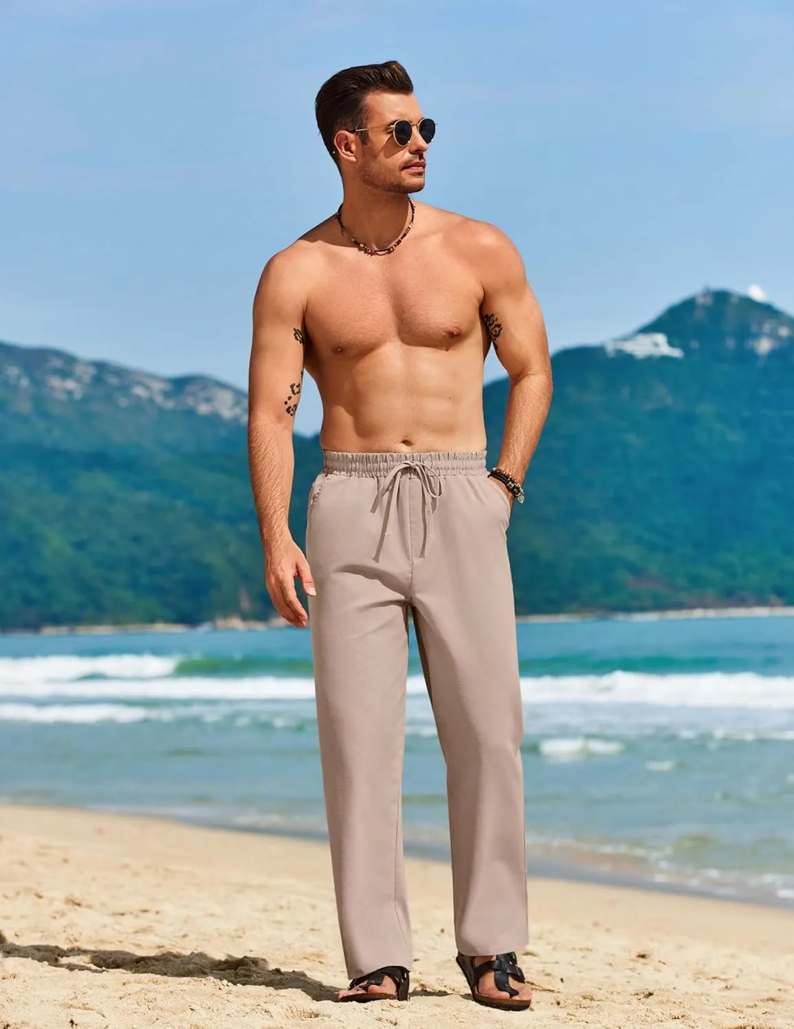 COOFANDY Men's Casual Linen Pants Loose Fit Elastic Waist Drawstring Lightweight Pant Summer Beach Trousers