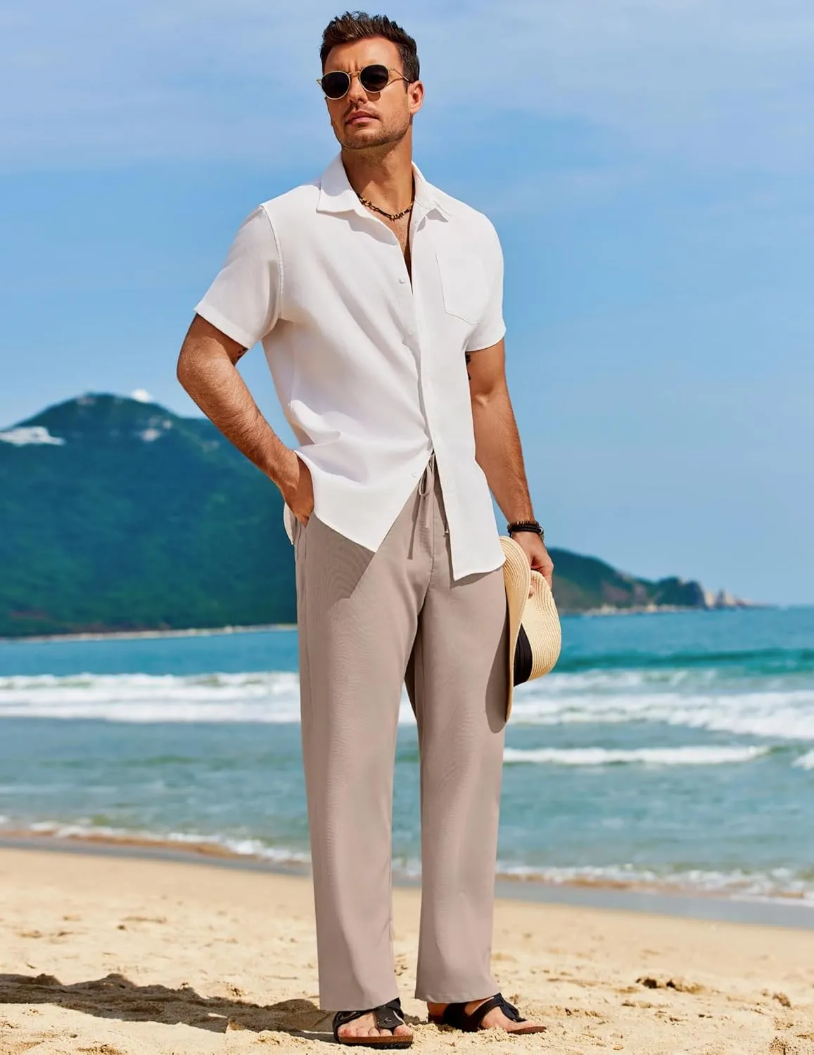 COOFANDY Men's Casual Linen Pants Loose Fit Elastic Waist Drawstring Lightweight Pant Summer Beach Trousers