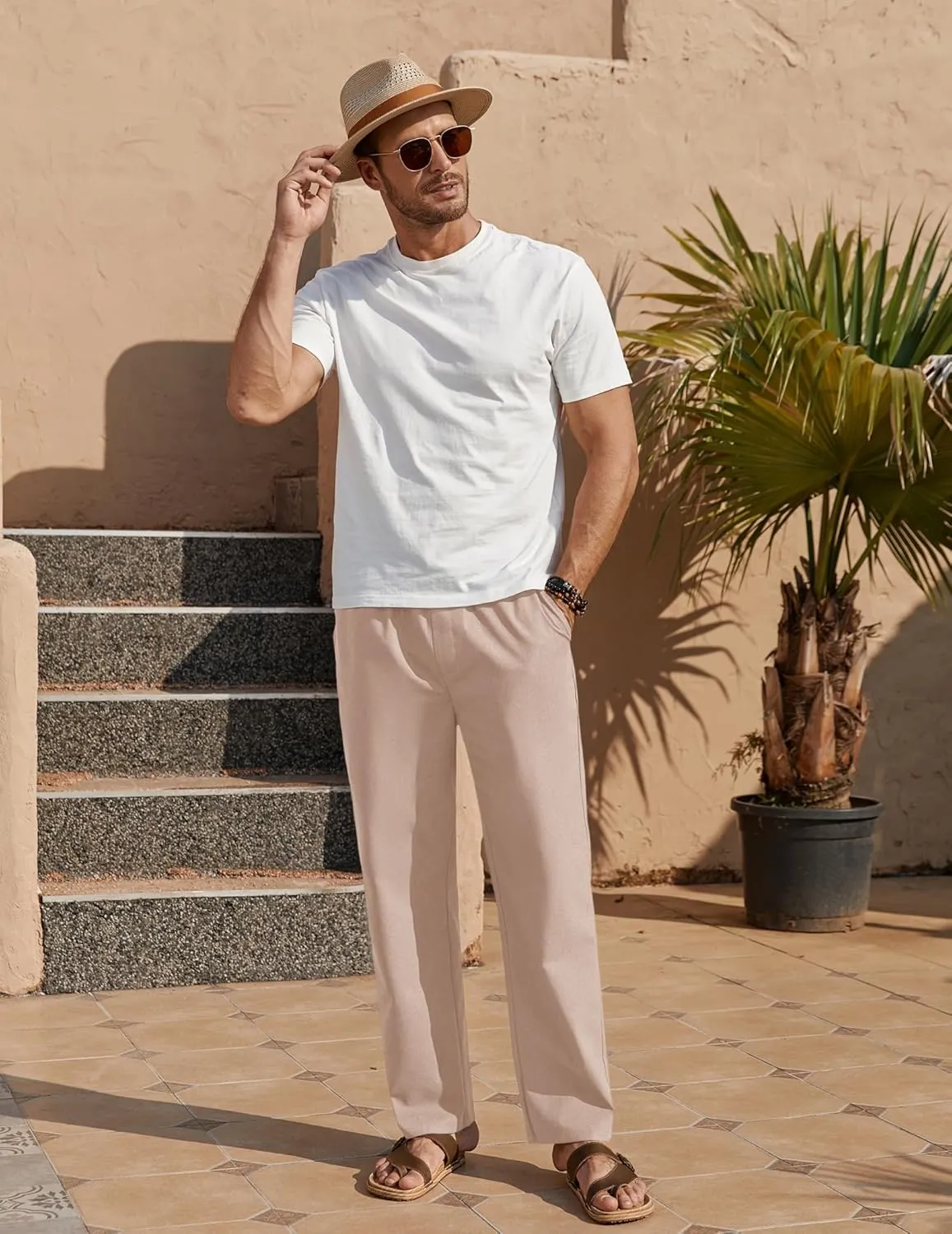 COOFANDY Men's Casual Linen Pants Loose Fit Elastic Waist Drawstring Lightweight Pant Summer Beach Trousers