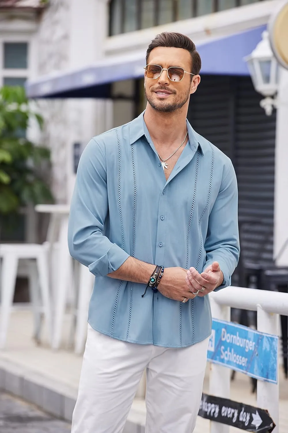 COOFANDY Mens Cuban Guayabera Shirt Casual Button Down Shirts Long Sleeve Summer Beach Shirts