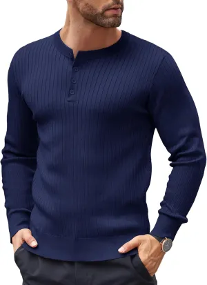 COOFANDY Mens Knit Henley Sweater Long Sleeve Button Down Lightweight Sweater Fall Slim Fit Ribbed Pullover