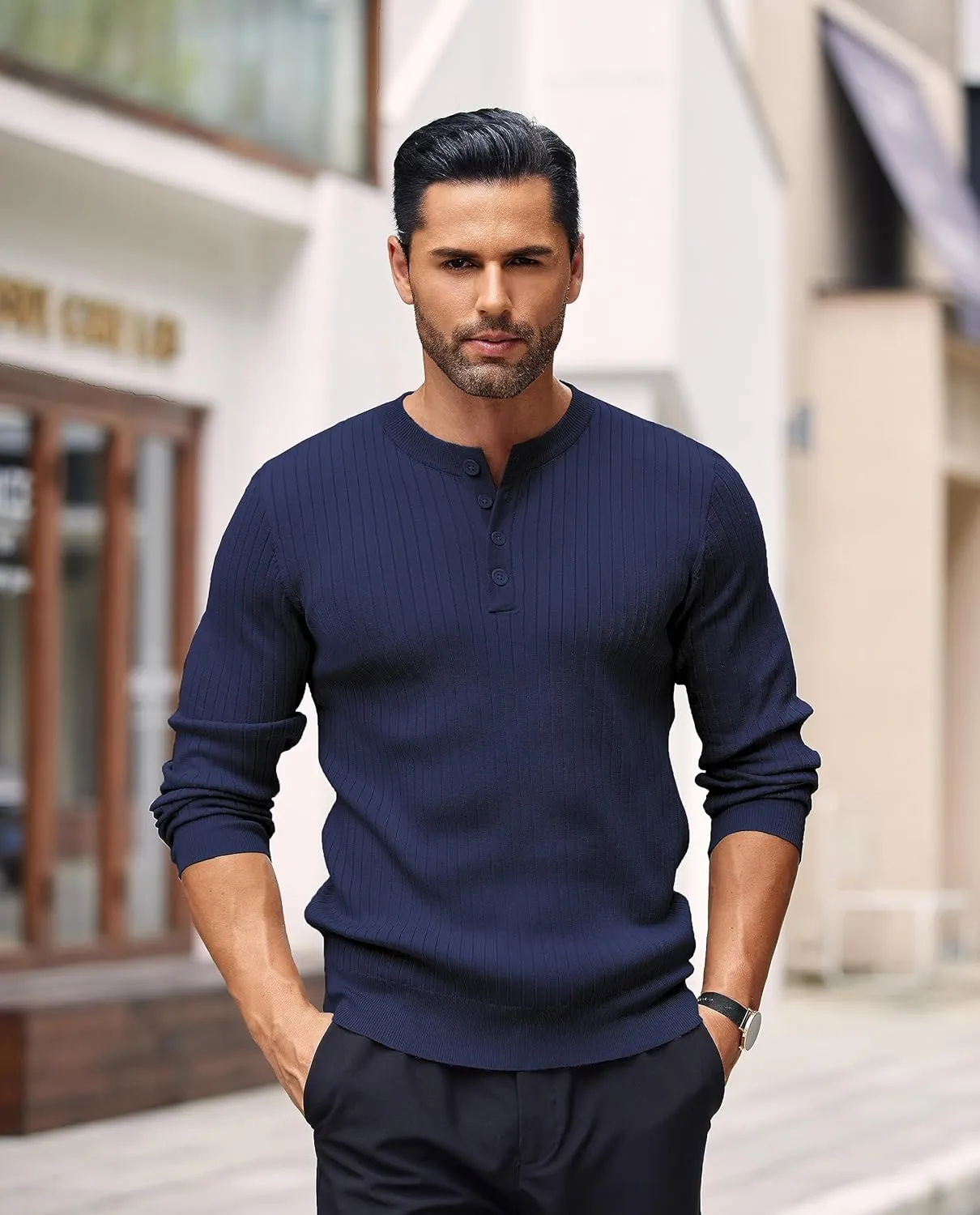 COOFANDY Mens Knit Henley Sweater Long Sleeve Button Down Lightweight Sweater Fall Slim Fit Ribbed Pullover