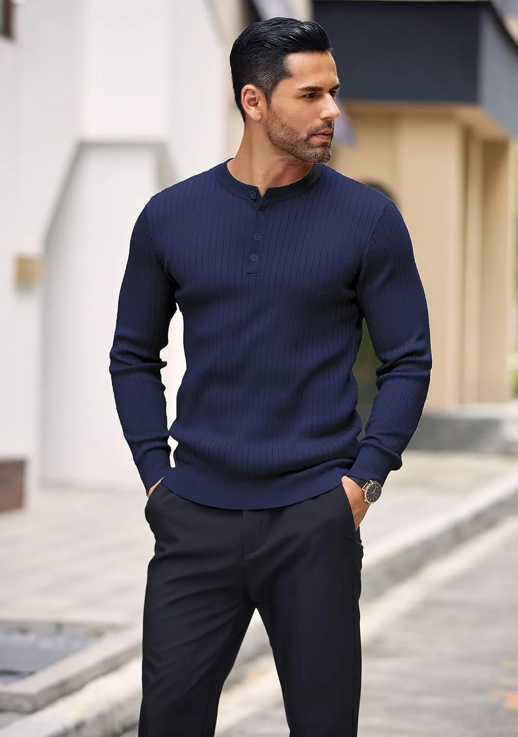 COOFANDY Mens Knit Henley Sweater Long Sleeve Button Down Lightweight Sweater Fall Slim Fit Ribbed Pullover